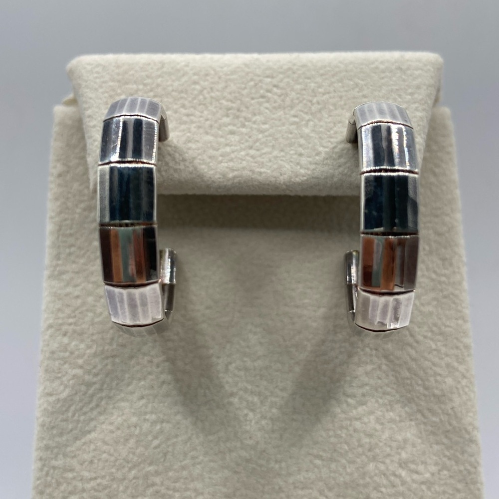 Sterling Silver 925 Faceted Hoop Earrings 1 1/8” Pierced